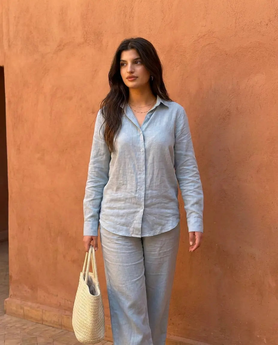 Ensemble Lin premium naturel — Bleu Poudré